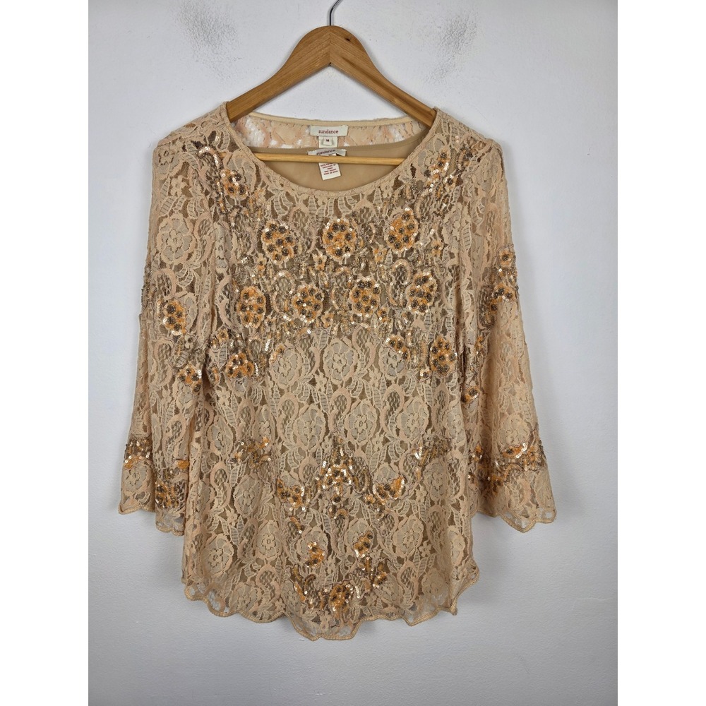 Sundance Womens Medium Beige Floral Lace Sequin Embellished 3/4 Sleeve Blouse